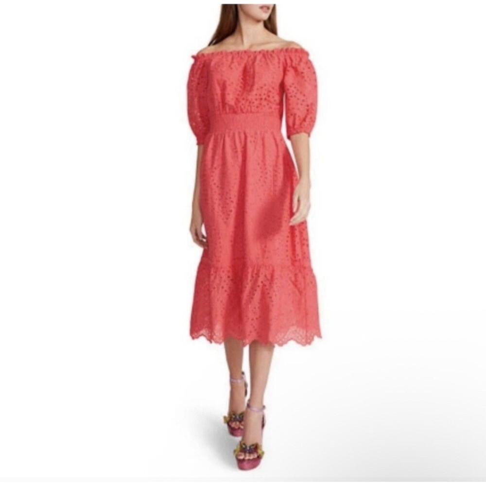 BETSEY JOHNSON Ruffle Off Shoulder Lace Midi Dress LARGE‎ Cotton Eyelet Overlay